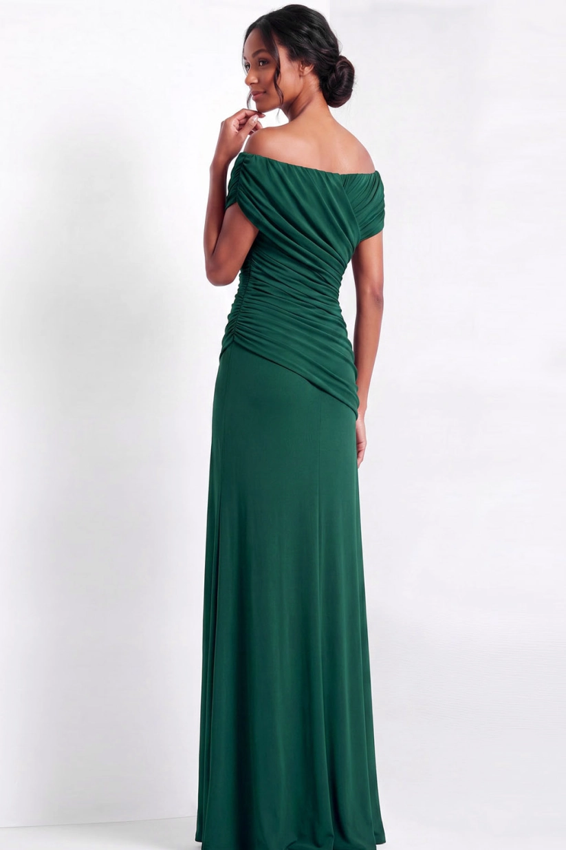 Dark Green Off Shoulder Ruched Wedding Guest Dress