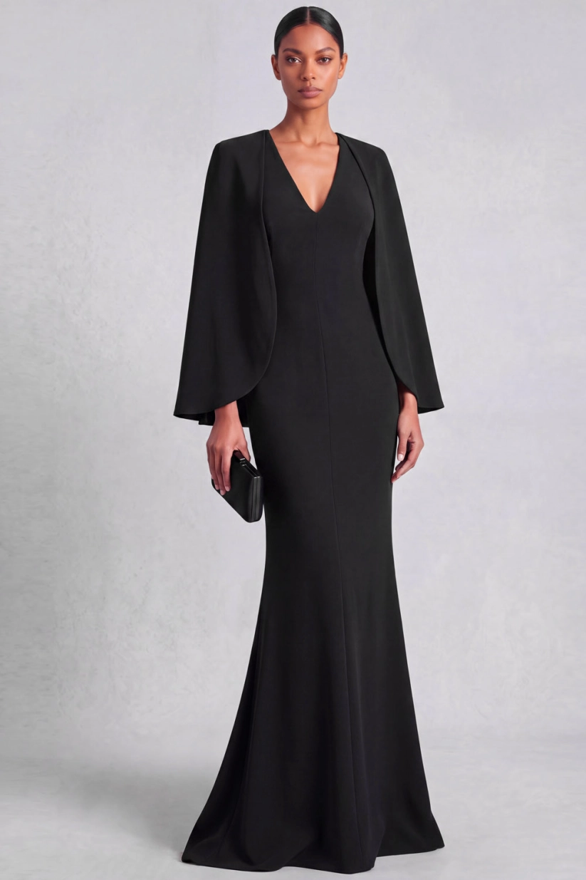 Dark Green Mermaid V-Neck Formal Evening Dress with Cape