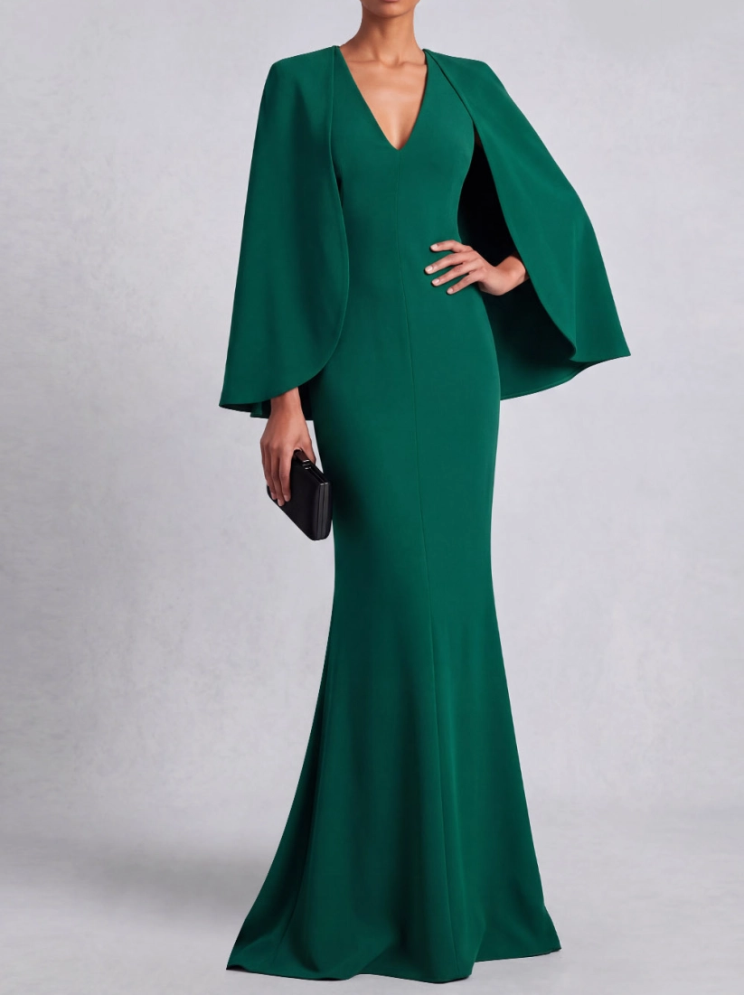 Dark Green Mermaid V-Neck Formal Evening Dress with Cape
