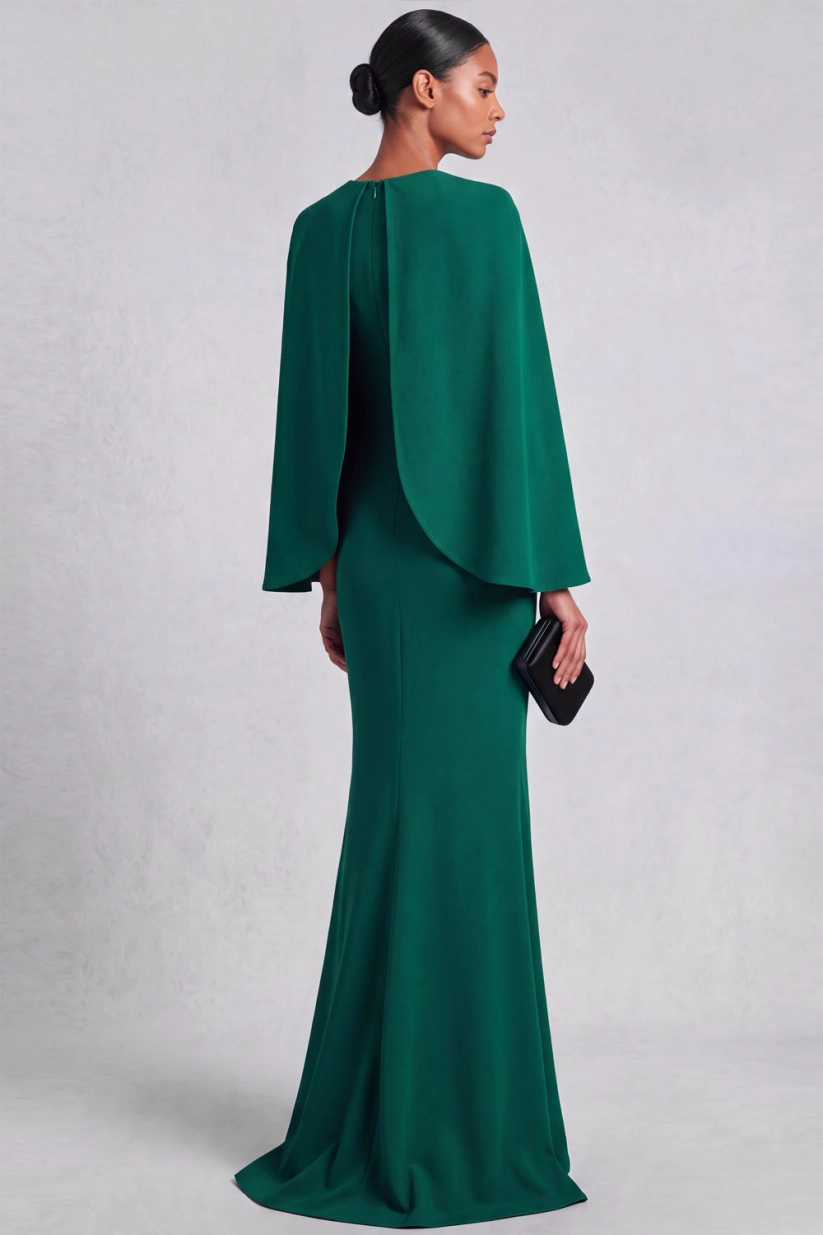 Dark Green Mermaid V-Neck Formal Evening Dress with Cape
