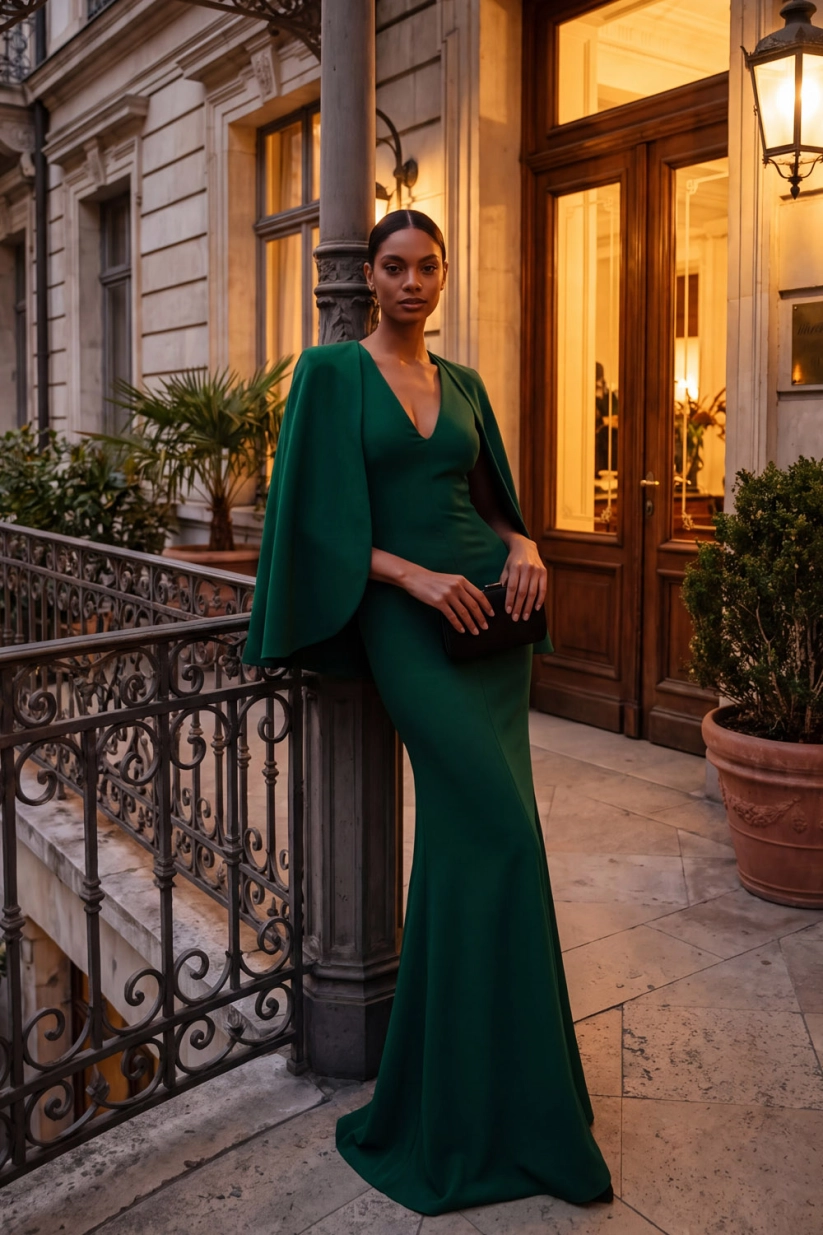 Dark Green Mermaid V-Neck Formal Evening Dress with Cape
