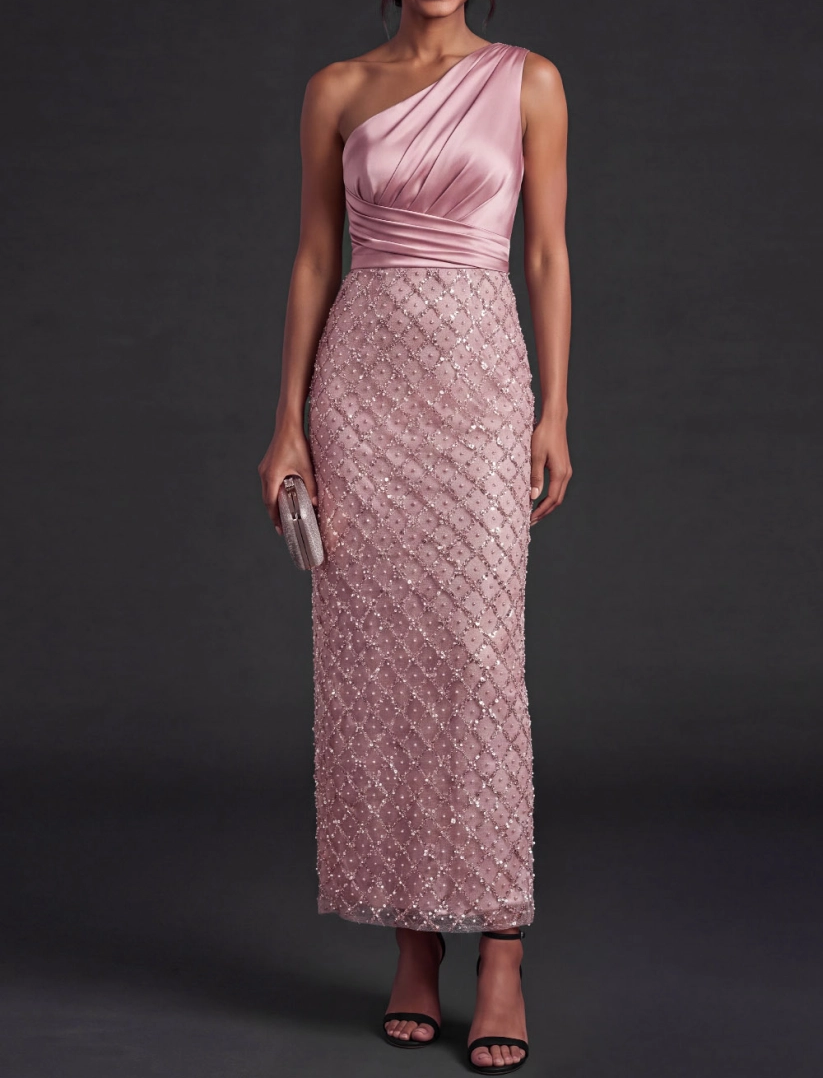 Pink One Shoulder Sheath Sequin Formal Evening Dress