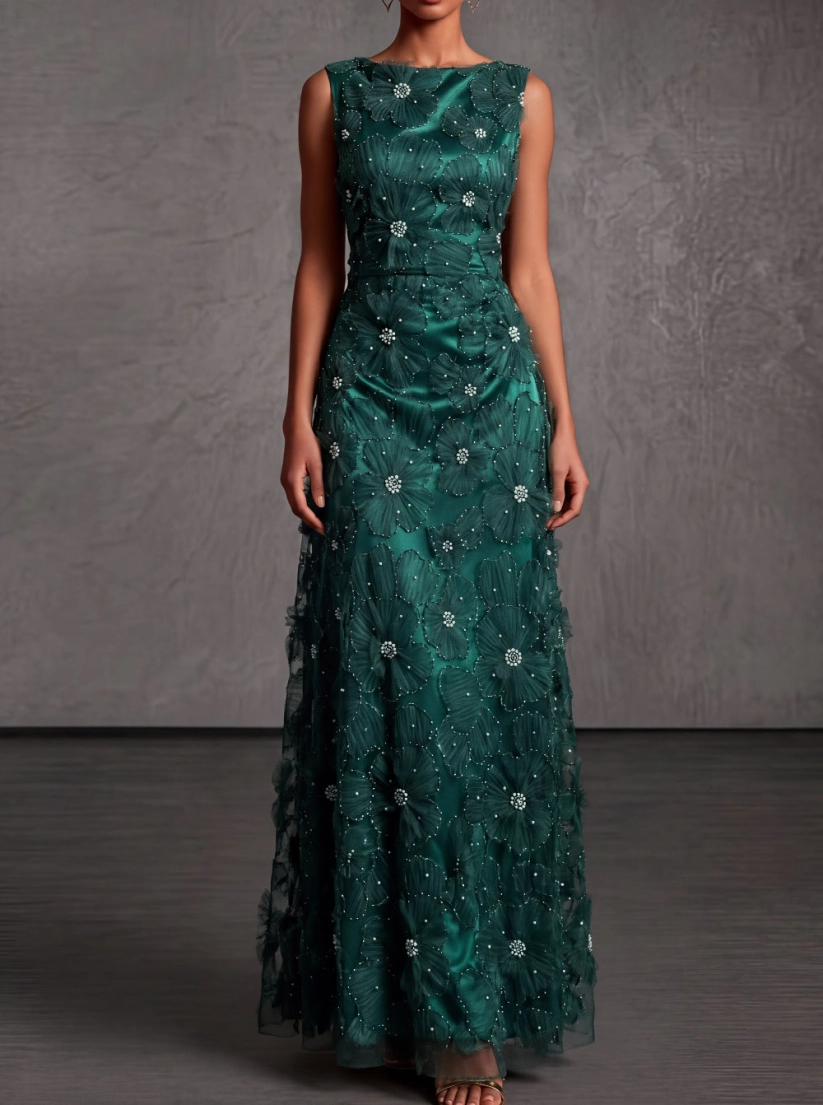 Dark Green Boat Neck A-Line Embroidered Lace Evening Dress