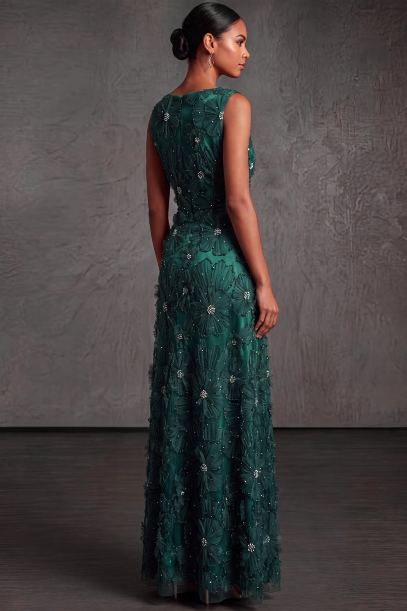 Dark Green Boat Neck A-Line Embroidered Lace Evening Dress