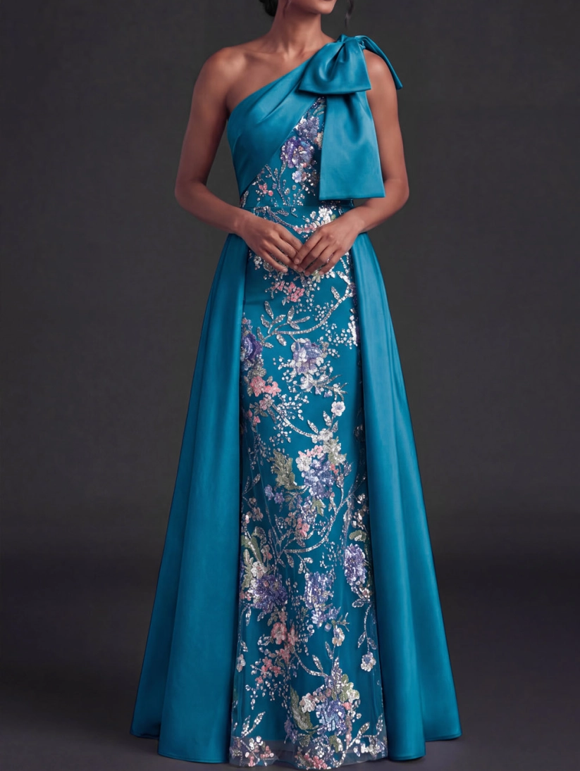 Peacock One Shoulder Beading Tulle Formal Dress with Bow