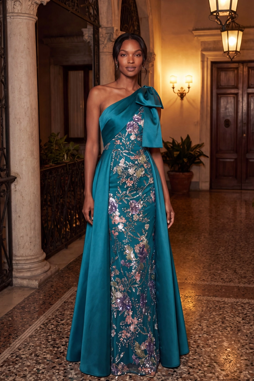 Peacock One Shoulder Beading Tulle Formal Dress with Bow