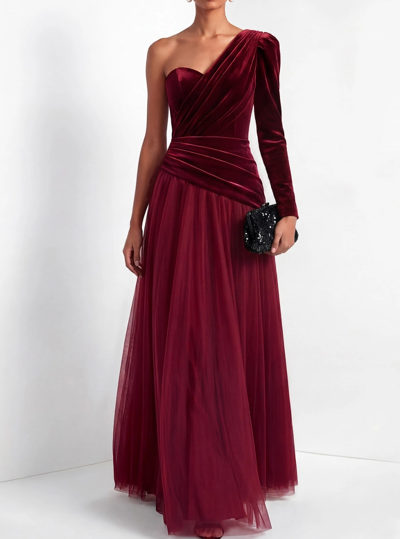 Burgundy One Shoulder A-Line Velvet Formal Evening Dress