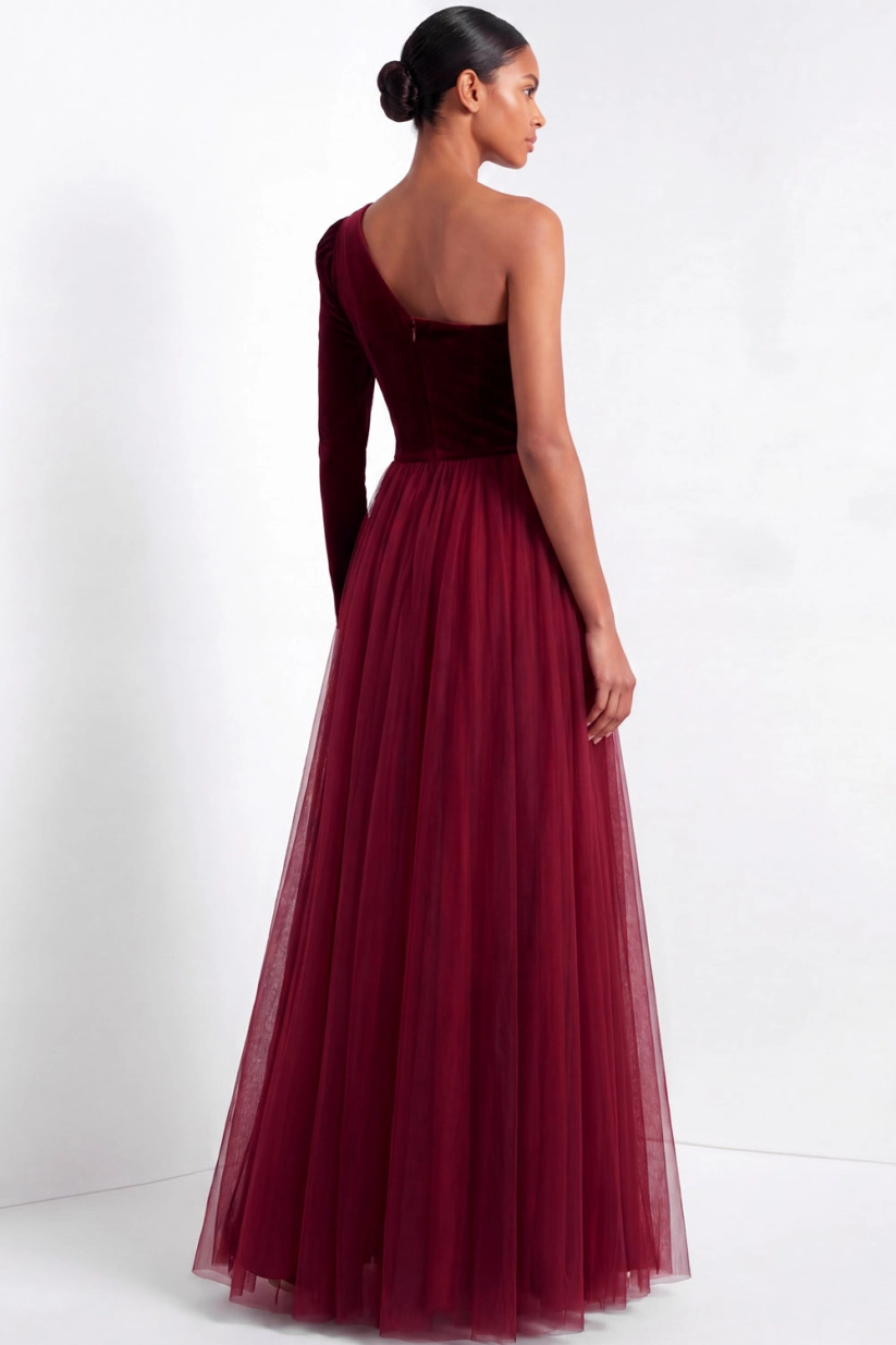 Burgundy One Shoulder A-Line Velvet Formal Evening Dress