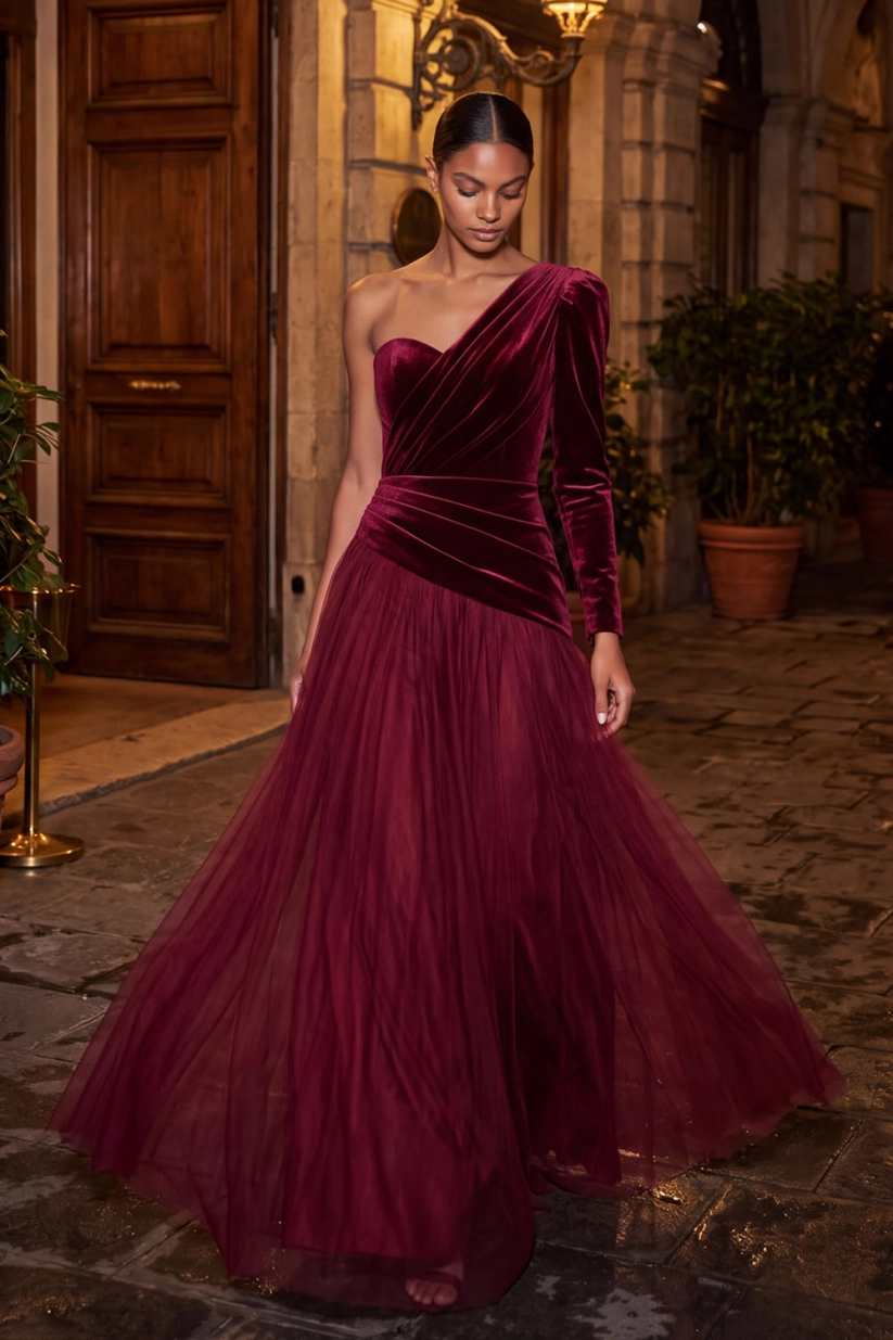 Burgundy One Shoulder A-Line Velvet Formal Evening Dress