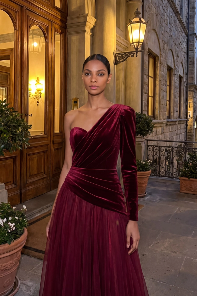 Burgundy One Shoulder A-Line Velvet Formal Evening Dress