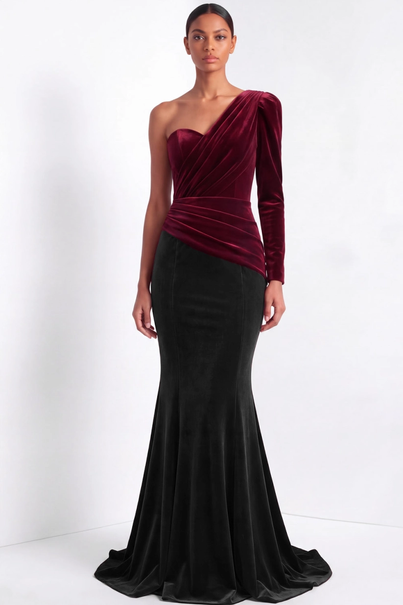 Emerald Green One Shoulder Mermaid Velvet Formal Evening Dress