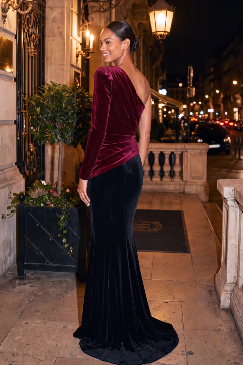 Emerald Green One Shoulder Mermaid Velvet Formal Evening Dress