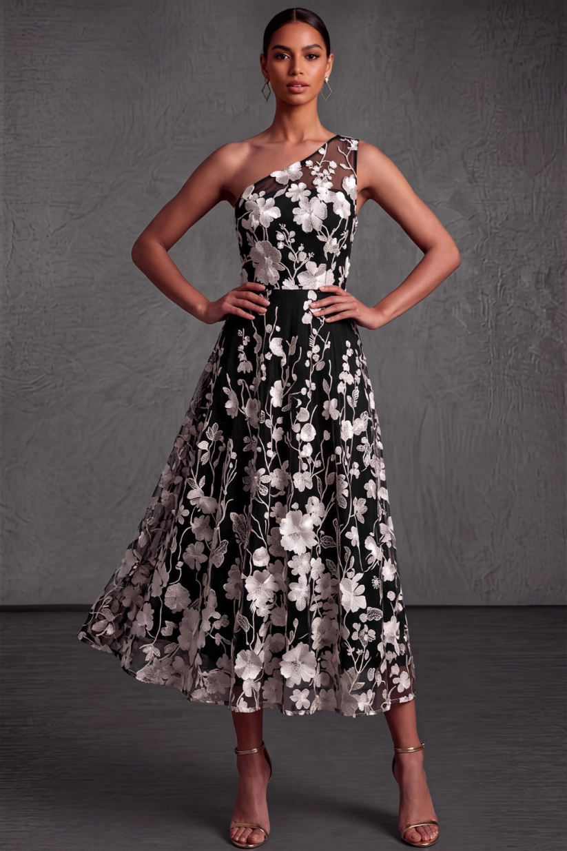 Champagne Floral One Shoulder A-Line Embroidered Formal Dress