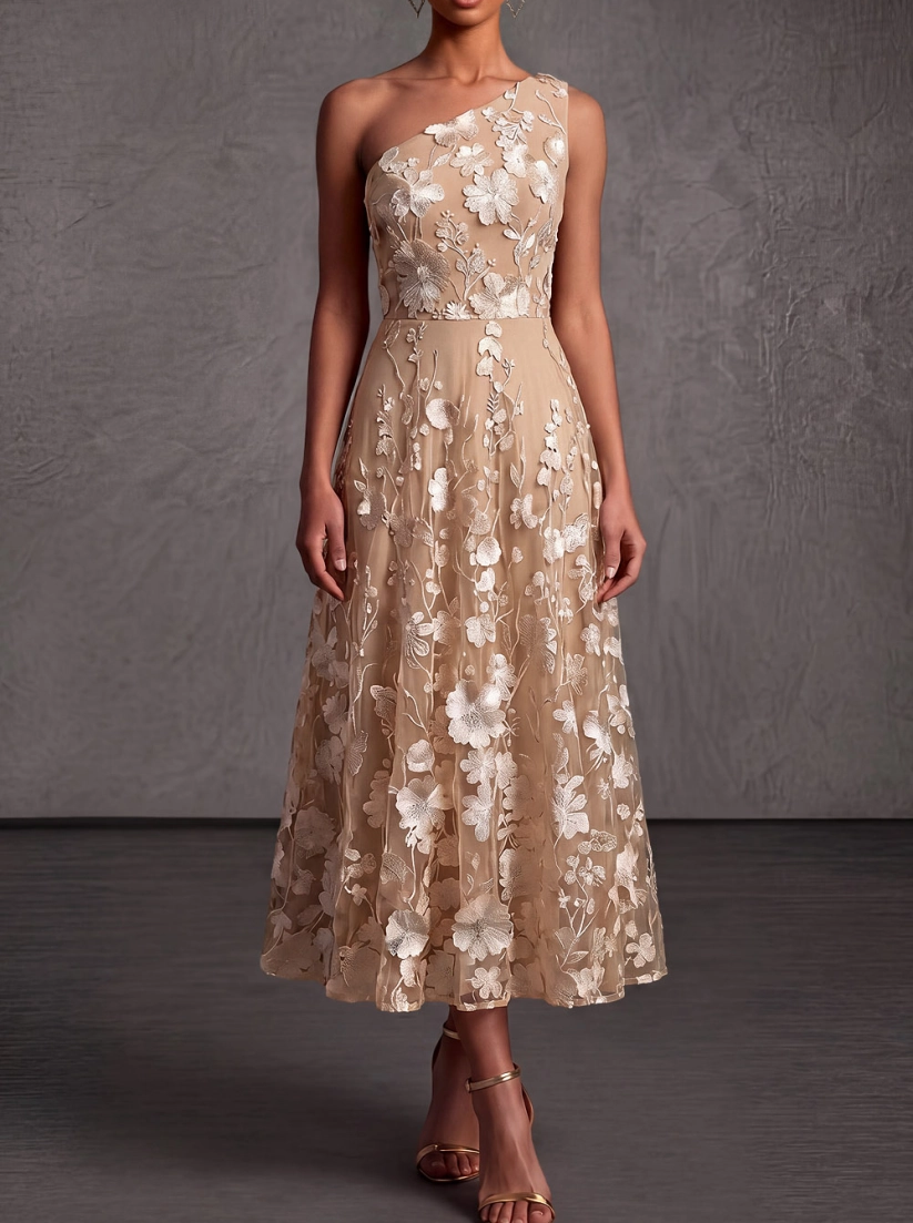 Champagne Floral One Shoulder A-Line Embroidered Formal Dress