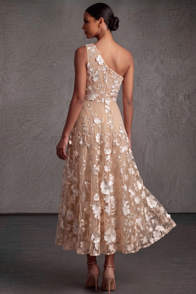Champagne Floral One Shoulder A-Line Embroidered Formal Dress