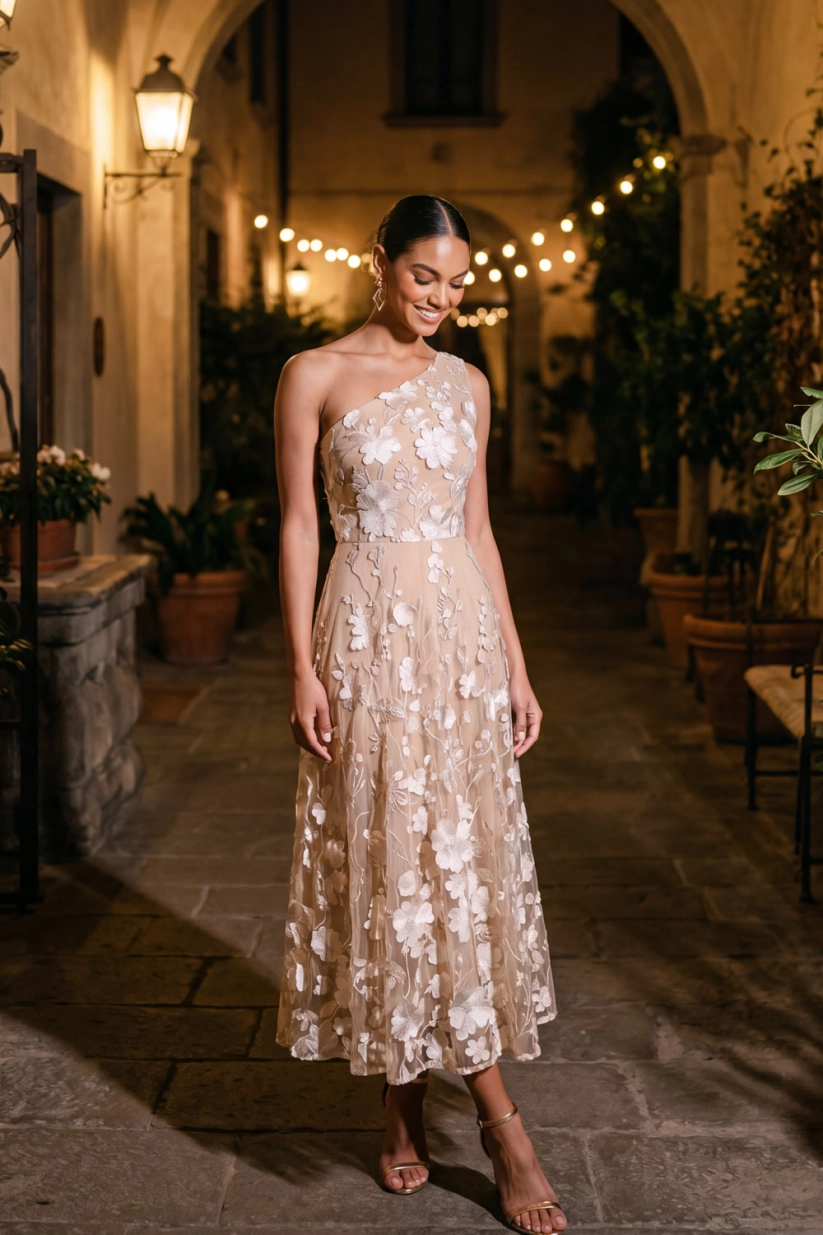 Champagne Floral One Shoulder A-Line Embroidered Formal Dress
