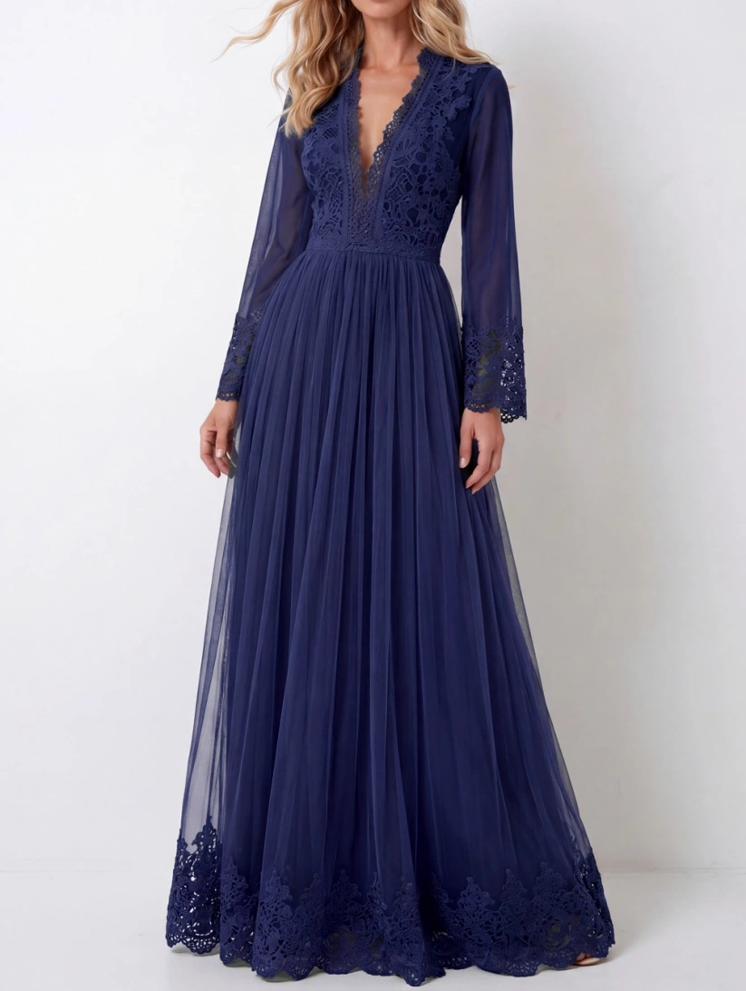 Navy V-Neck Long Sleeve Lace Maxi Formal Dress
