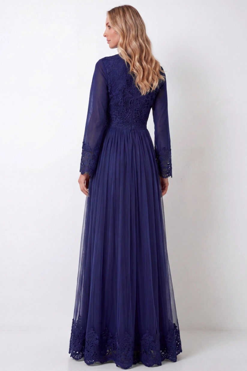 Navy V-Neck Long Sleeve Lace Maxi Formal Dress