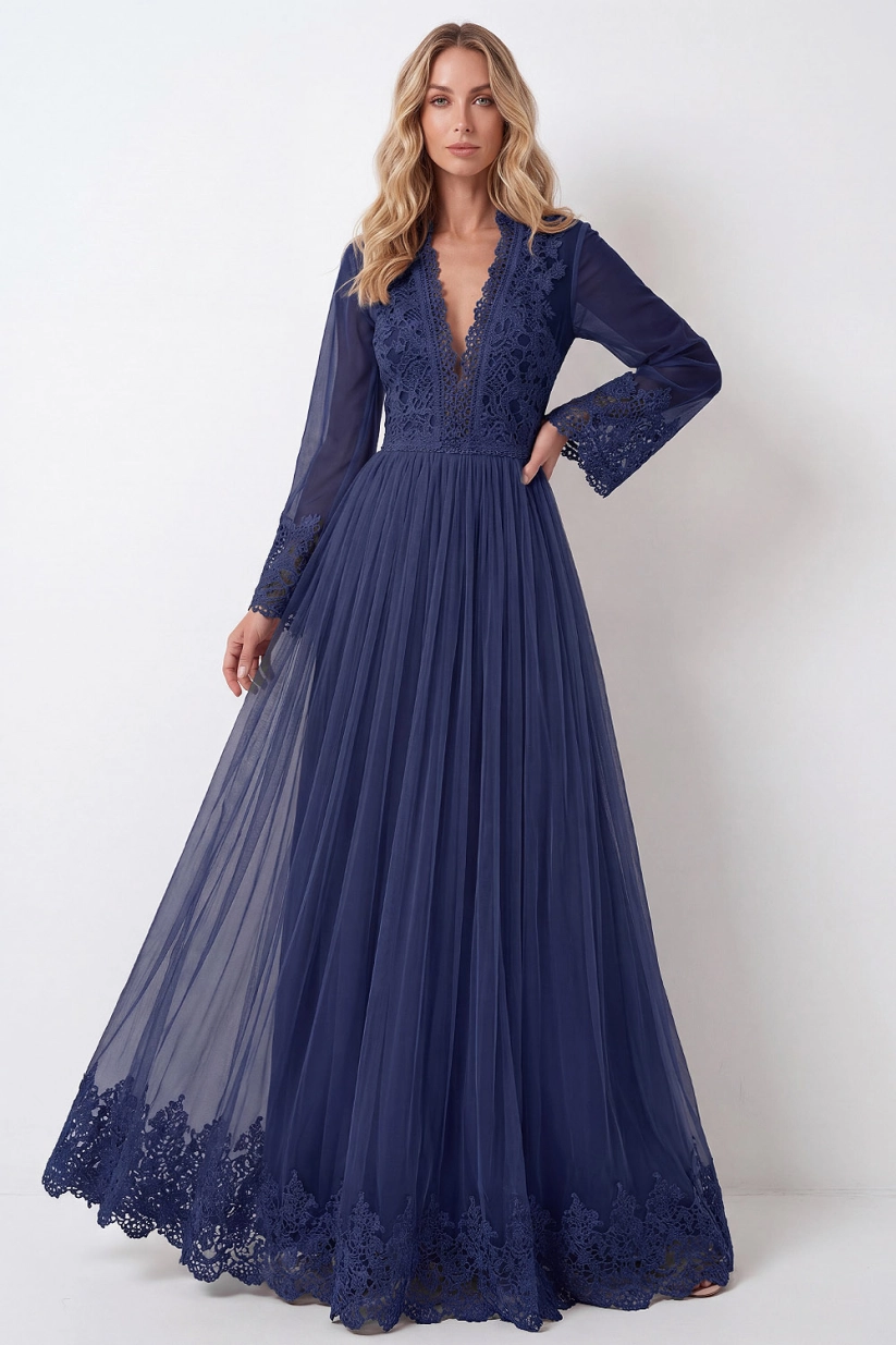 Navy V-Neck Long Sleeve Lace Maxi Formal Dress