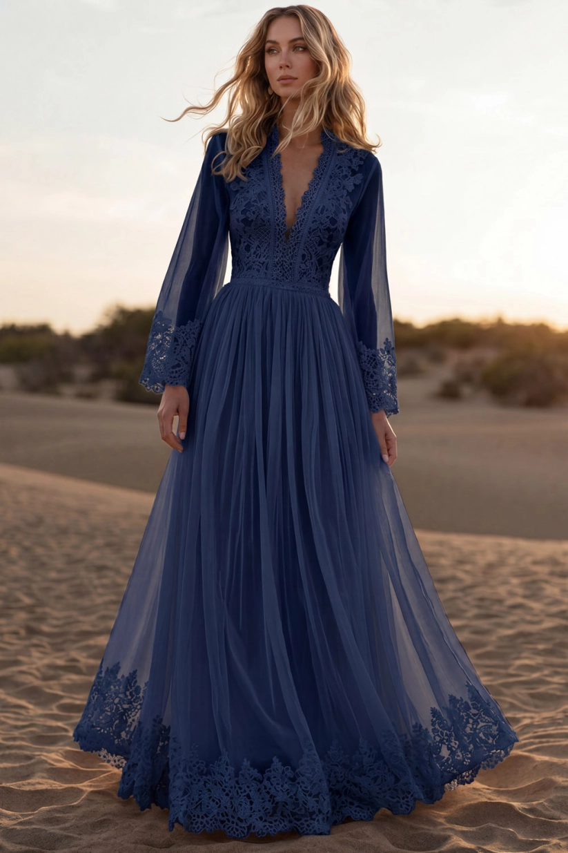 Navy V-Neck Long Sleeve Lace Maxi Formal Dress