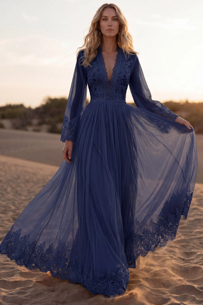 Navy V-Neck Long Sleeve Lace Maxi Formal Dress