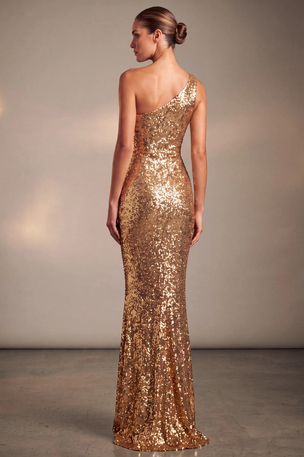 Champagne One Shoulder Sequin Maxi Evening Dress