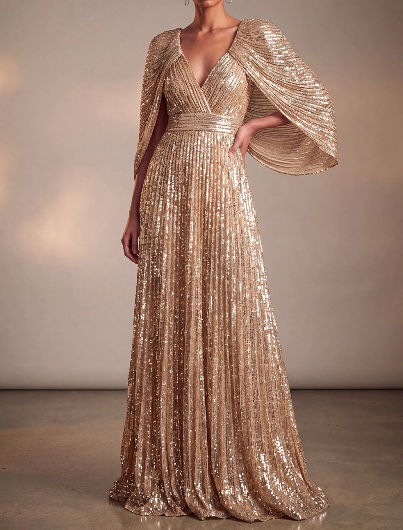 Champagne V-Neck Sequin Cape Maxi Formal Evening Dress