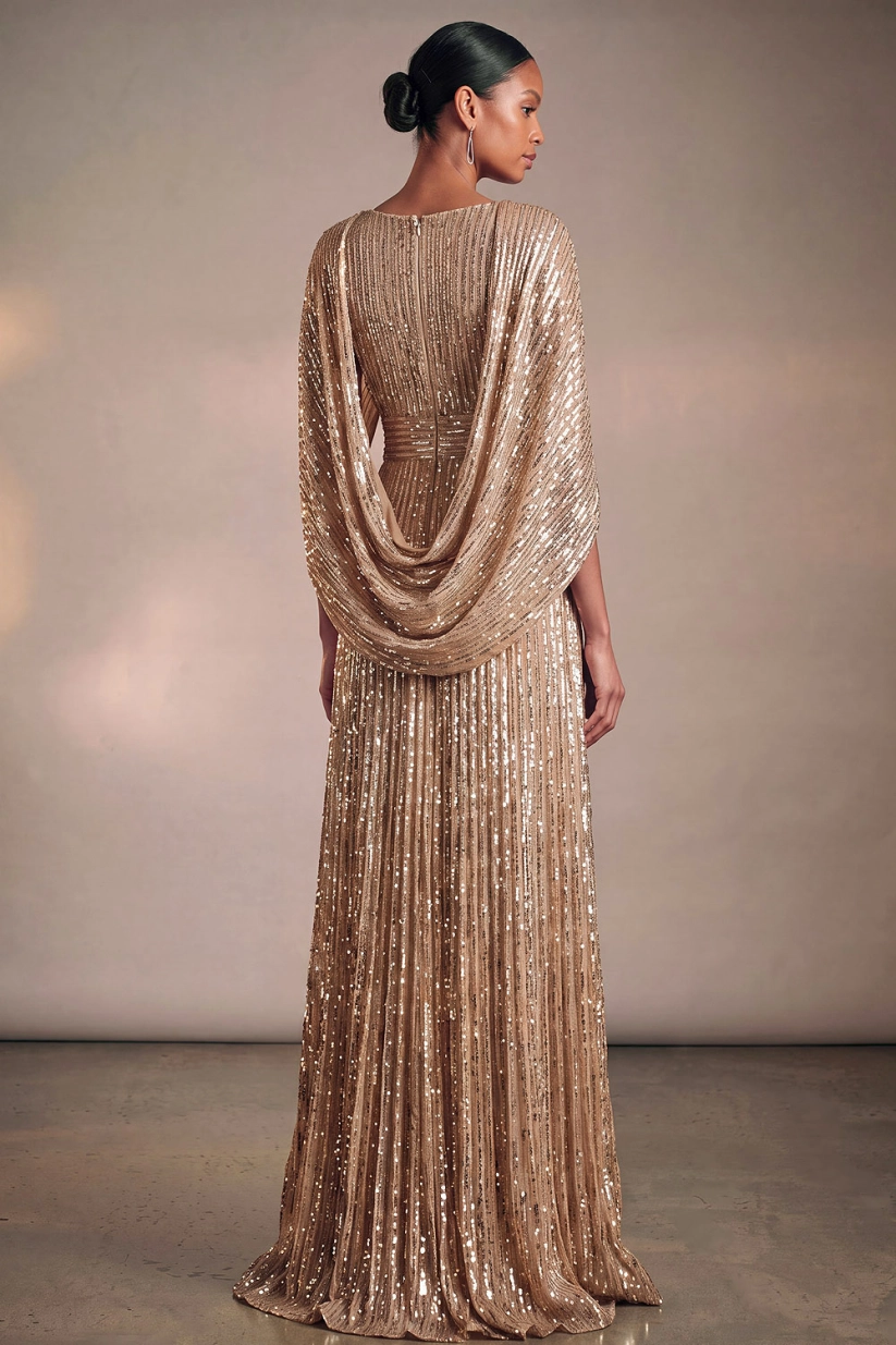 Champagne V-Neck Sequin Cape Maxi Formal Evening Dress