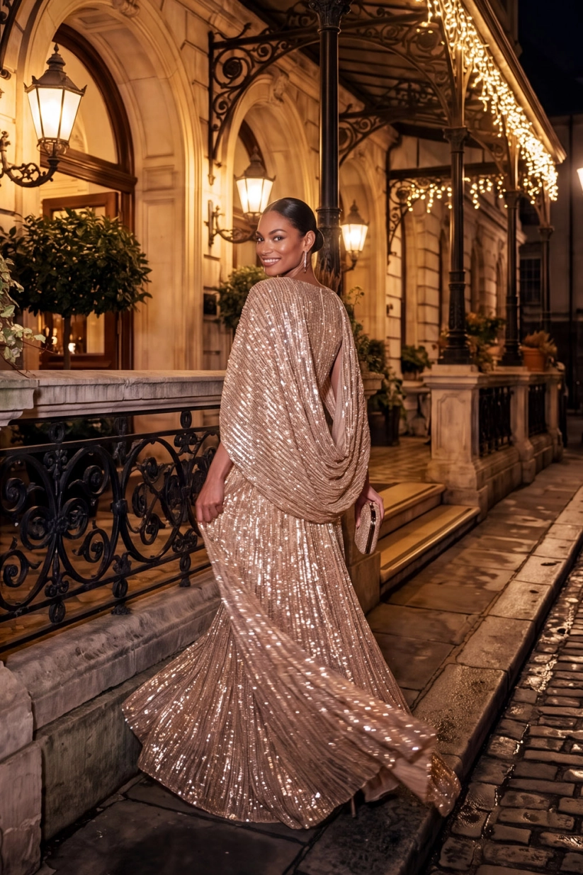 Champagne V-Neck Sequin Cape Maxi Formal Evening Dress