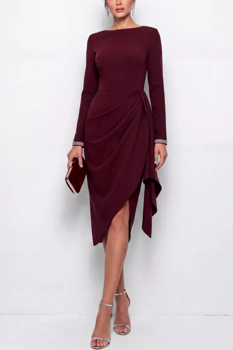 Burgundy Boat Neck Sheath Long Sleeve Midi Work Dress