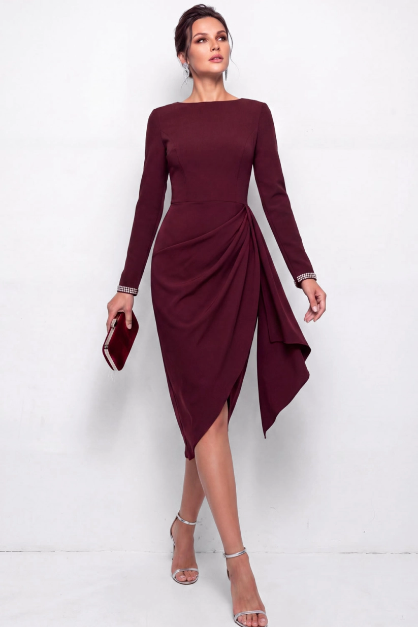 Burgundy Boat Neck Sheath Long Sleeve Midi Work Dress