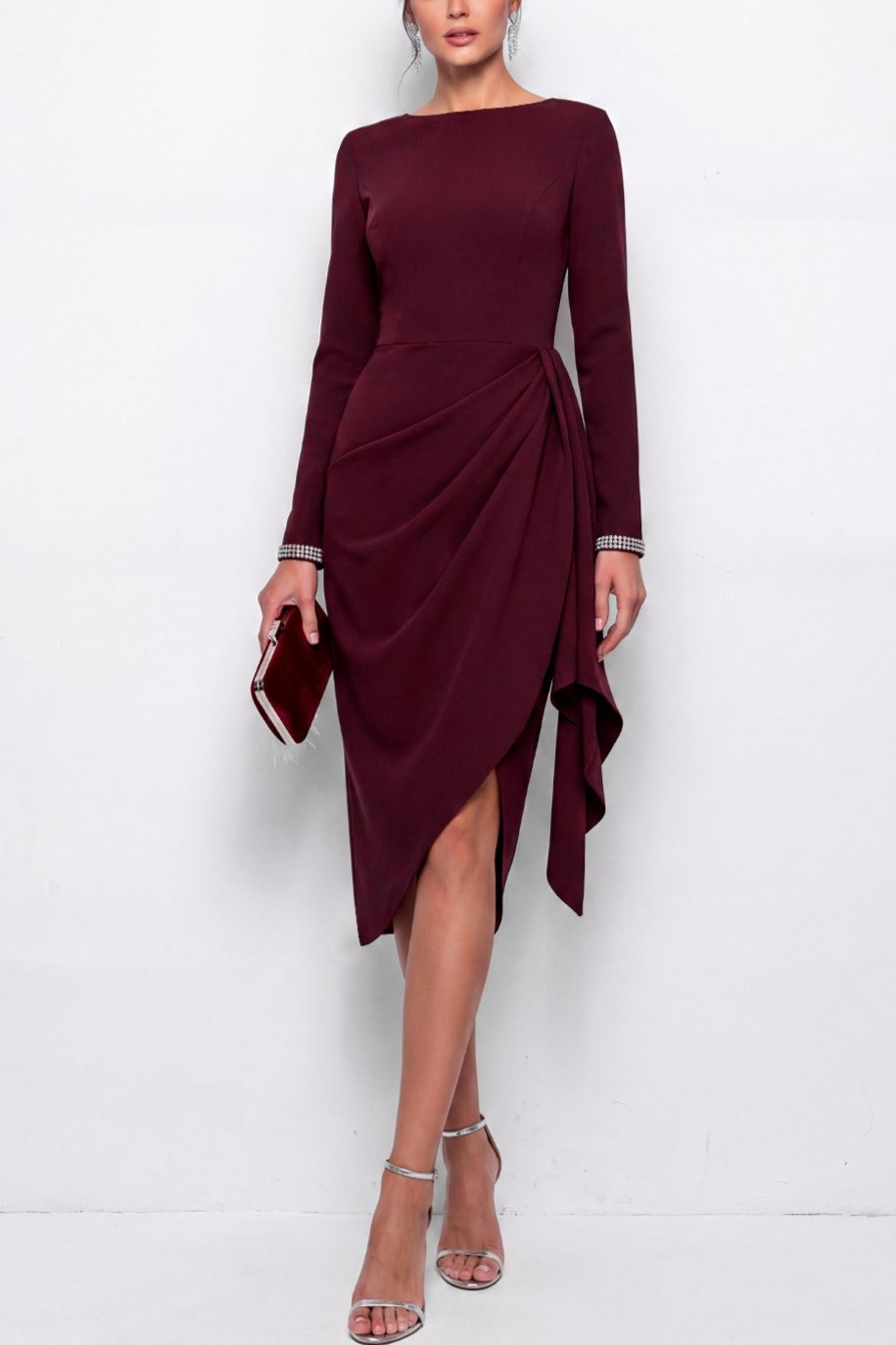 Burgundy Boat Neck Sheath Long Sleeve Midi Work Dress