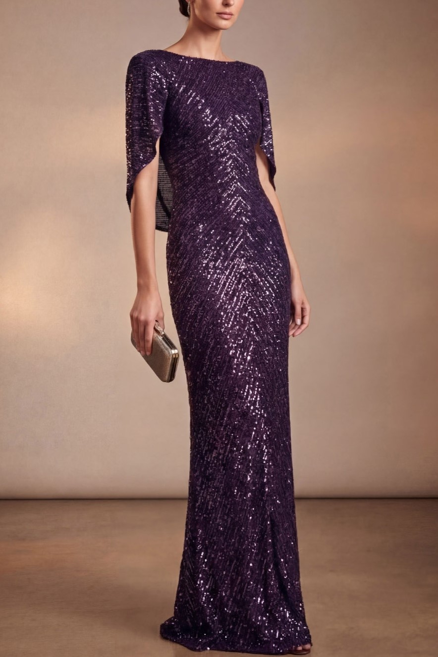 Dark Purple Boat Neck Sequin Cape Maxi Evening Dress