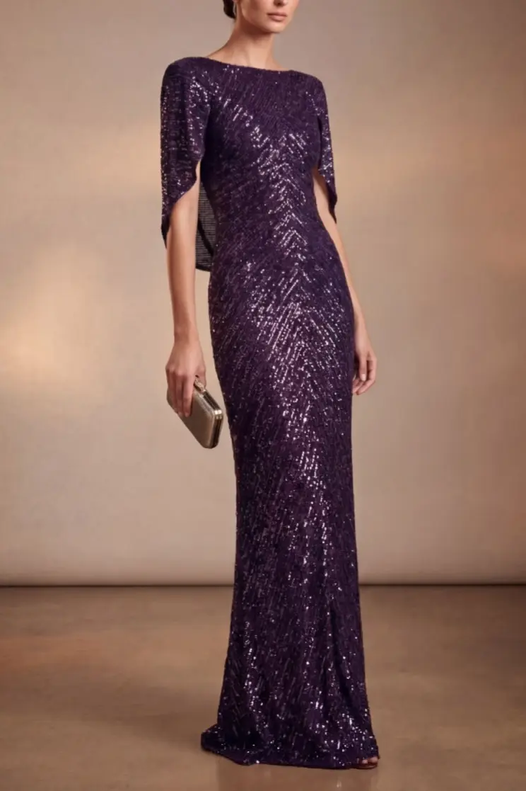 Dark Purple Boat Neck Sequin Cape Maxi Evening Dress