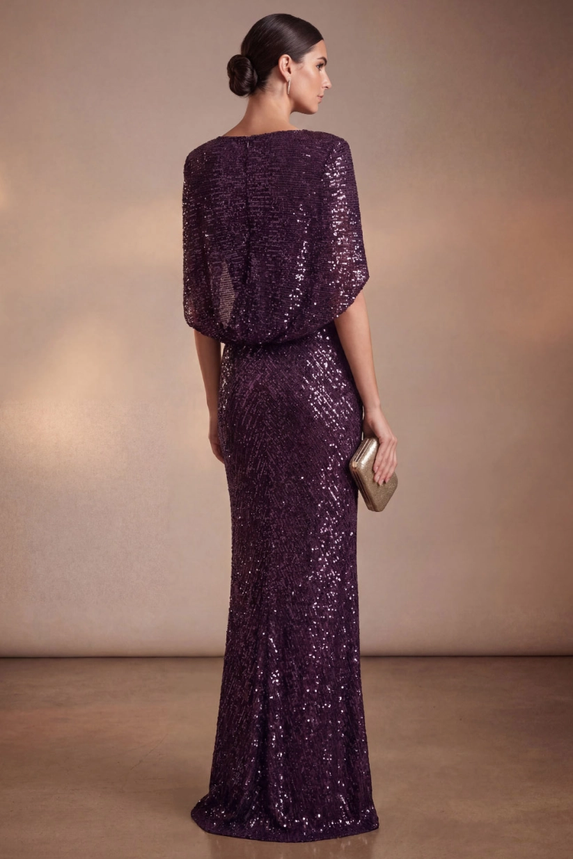Dark Purple Boat Neck Sequin Cape Maxi Evening Dress