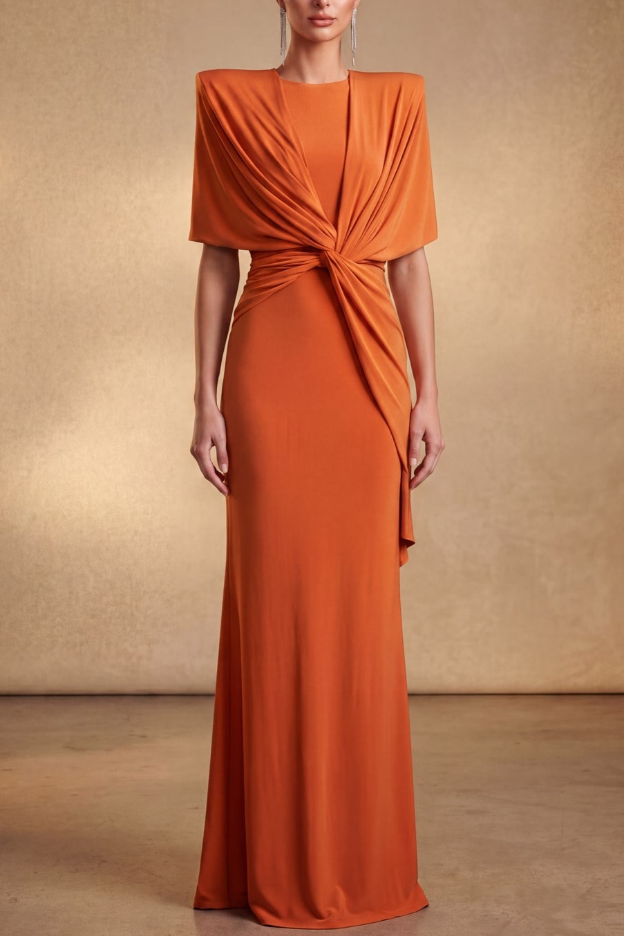 Orange Round Neck Short Sleeve Maxi Formal Dress