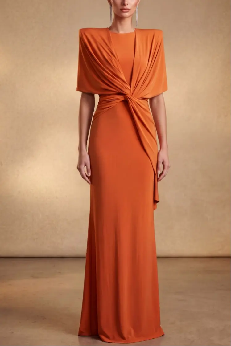 Orange Round Neck Short Sleeve Maxi Formal Dress