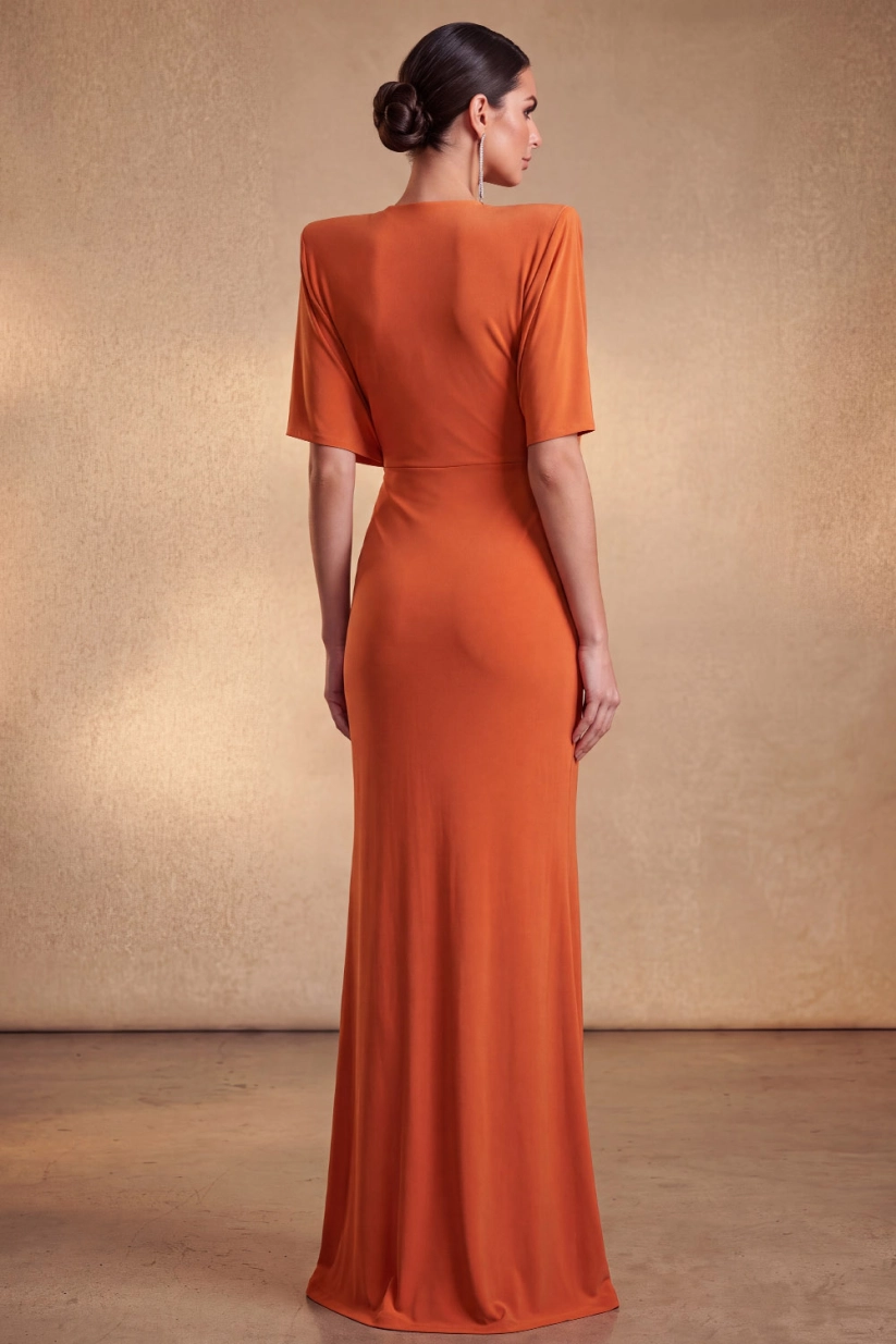 Orange Round Neck Short Sleeve Maxi Formal Dress