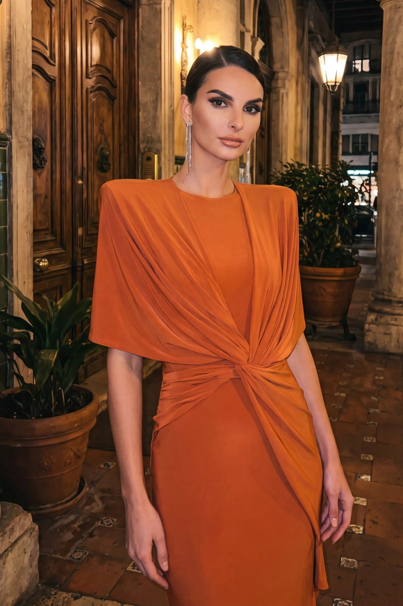 Orange Round Neck Short Sleeve Maxi Formal Dress