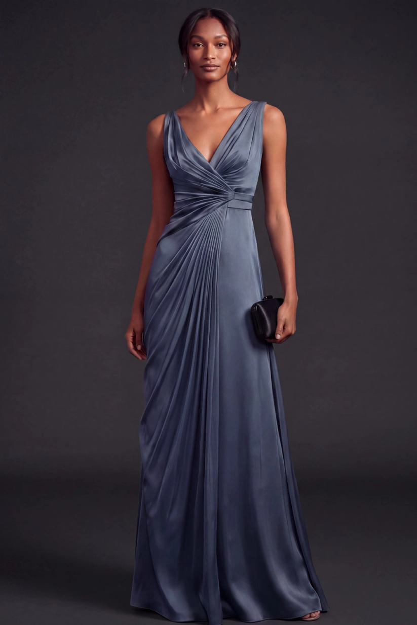 Green V-Neck Ruched Satin Maxi Formal Dress