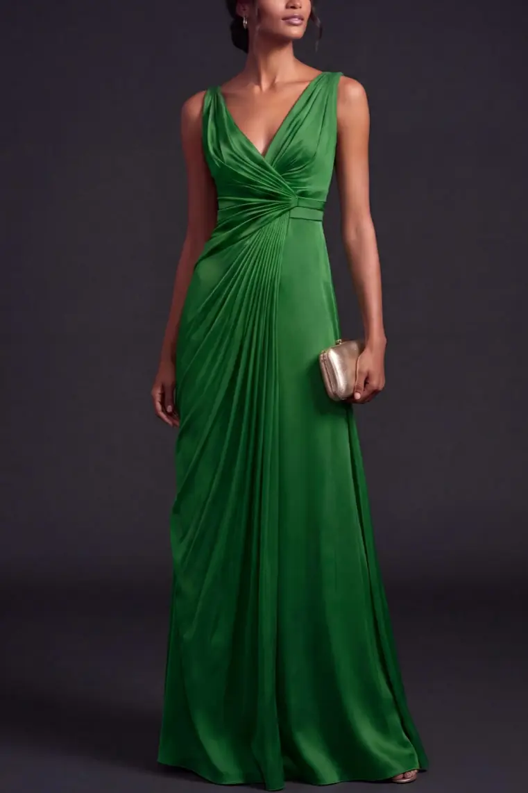 Green V-Neck Ruched Satin Maxi Formal Dress