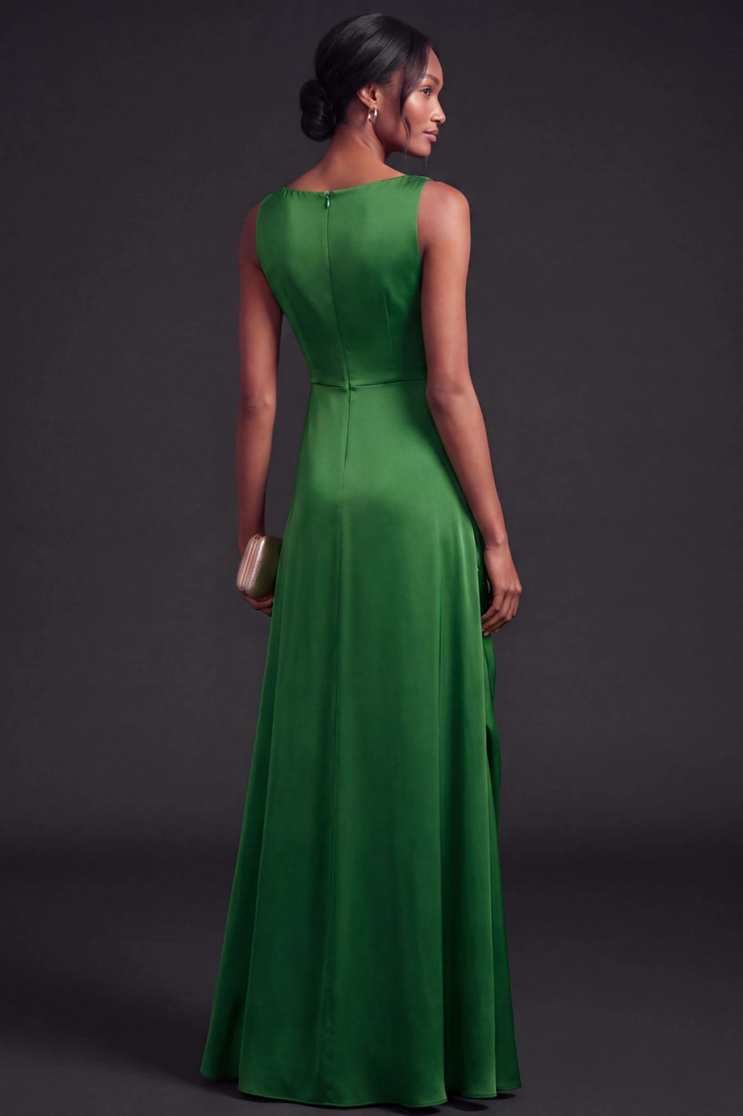 Green V-Neck Ruched Satin Maxi Formal Dress
