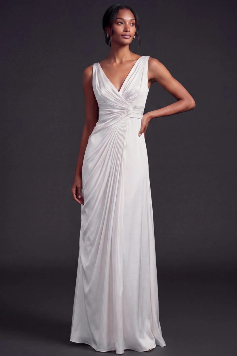 Green V-Neck Ruched Satin Maxi Formal Dress