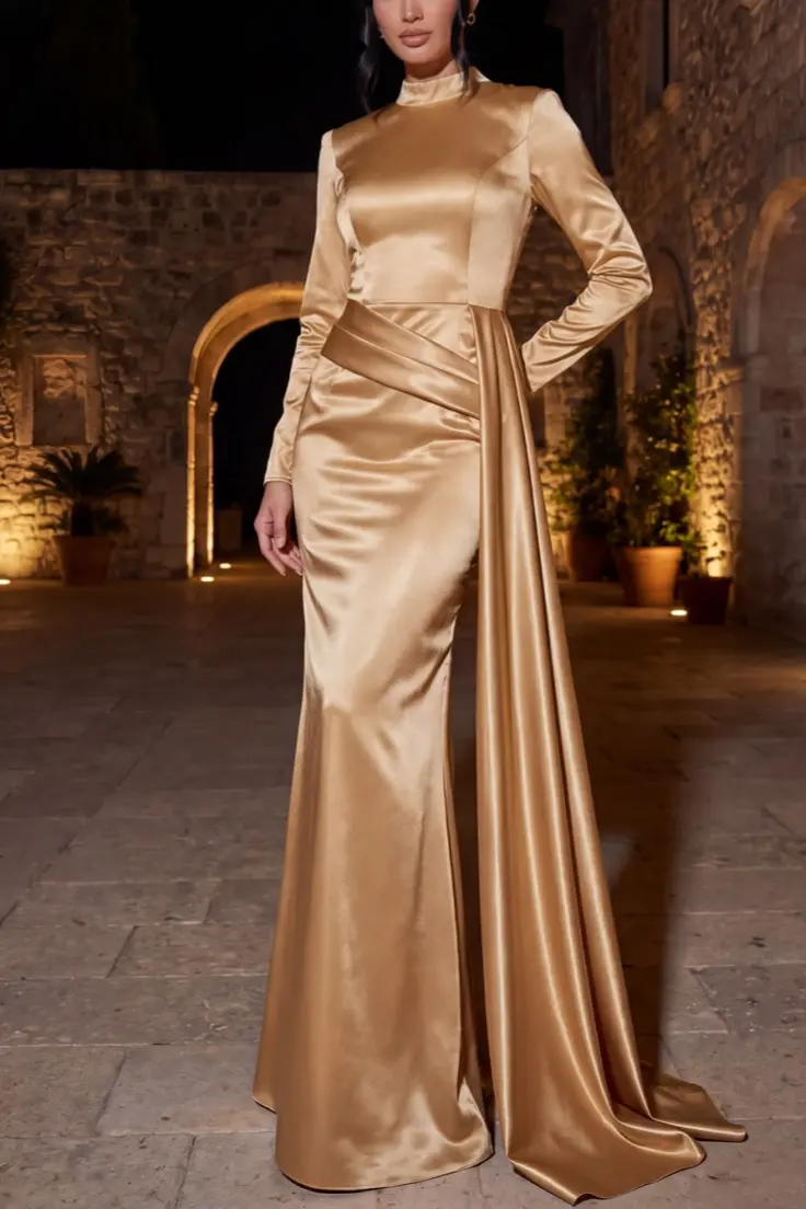 Champagne High Neck Draped Satin Maxi Formal Dress