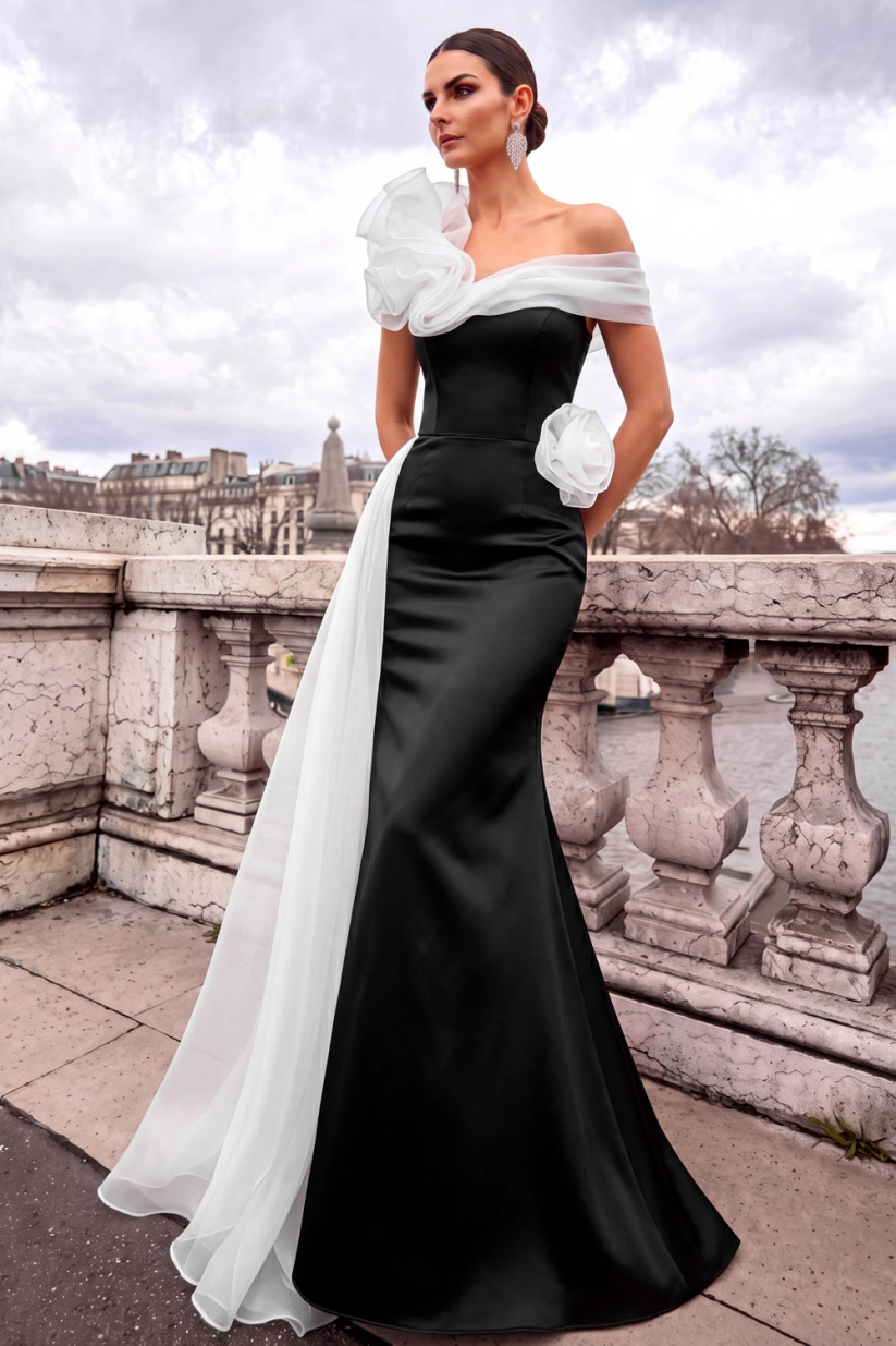 Champagne One Shoulder Mermaid Maxi Formal Dress with 3D Flower