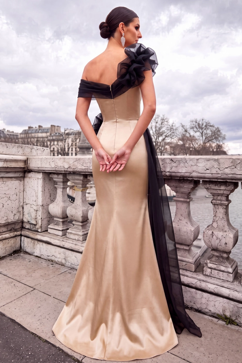 Champagne One Shoulder Mermaid Maxi Formal Dress with 3D Flower