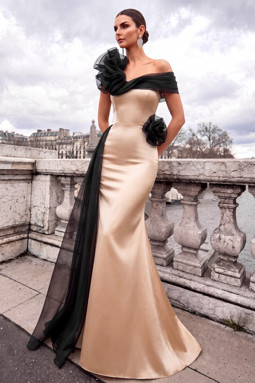 Champagne One Shoulder Mermaid Maxi Formal Dress with 3D Flower