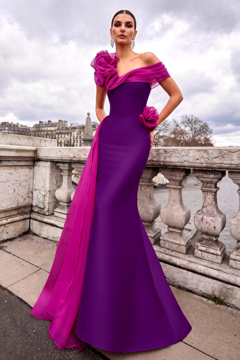 Champagne One Shoulder Mermaid Maxi Formal Dress with 3D Flower