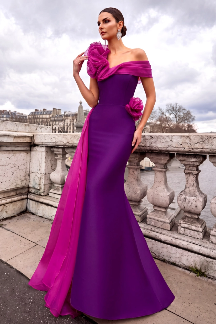 Champagne One Shoulder Mermaid Maxi Formal Dress with 3D Flower