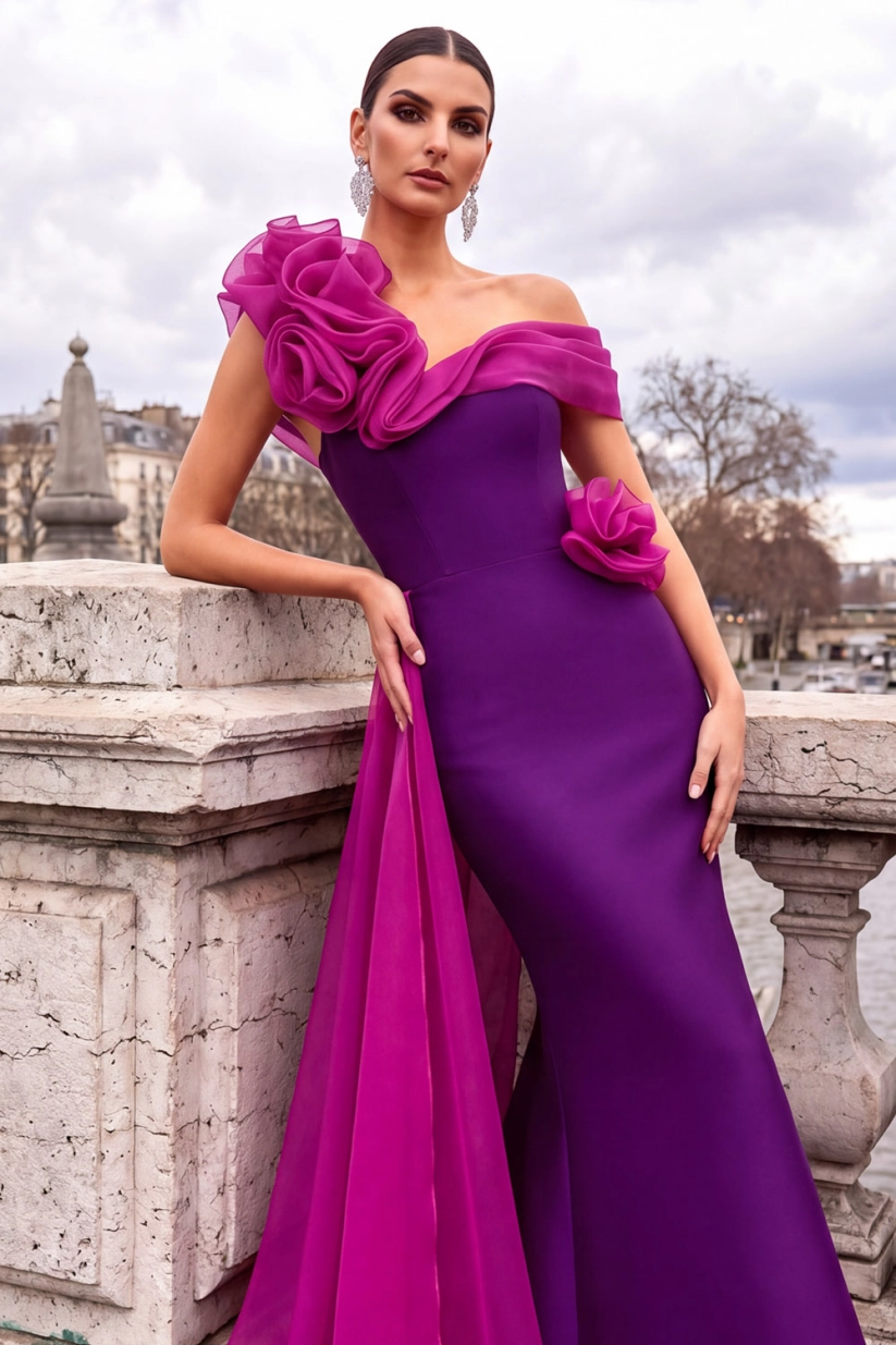 Champagne One Shoulder Mermaid Maxi Formal Dress with 3D Flower